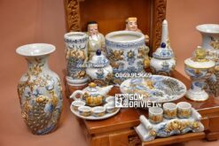 Bộ đồ thờ thần tài men rạn đắp nổi