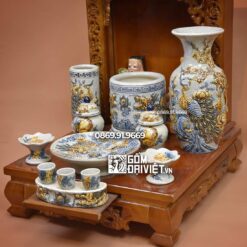 Bộ đồ thờ thần tài men rạn Chim Công Phú Quý