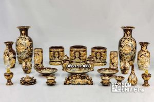 Bộ Đồ Thờ Cúng Men Nâu Vẽ Vàng 24K Cao Cấp S2