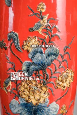 Lọ Lộc Bình Chim Công Đắp Nổi Men Đỏ Mệnh Hỏa 1m4