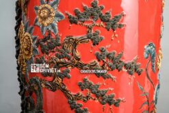 Lọ Lộc Bình Chim Công Đắp Nổi Men Đỏ Mệnh Hỏa 1m4