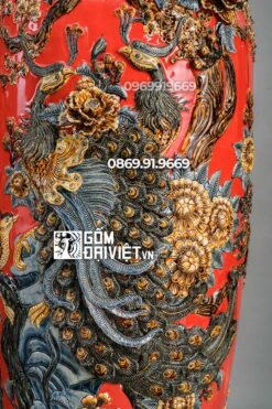 Lọ Lộc Bình Chim Công Đắp Nổi Men Đỏ Mệnh Hỏa 1m4