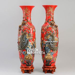 Lọ Lộc Bình Chim Công Đắp Nổi Men Đỏ Mệnh Hỏa 1m4