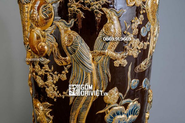 Lọ Lộc Bình Màu Nâu Vẽ Vàng 24K Đắp Phúc Lộc Thọ 1m6