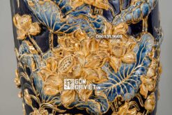 Lọ Lộc Bình Men Xanh Đen Đắp Nổi Sen Vẽ Vàng 24K 1m4