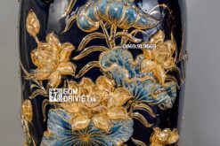 Lọ Lộc Bình Men Xanh Đen Đắp Nổi Sen Vẽ Vàng 24K 1m4