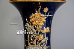 Lọ Lộc Bình Men Xanh Đen Đắp Nổi Sen Vẽ Vàng 24K 1m4