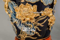 Lọ Lộc Bình Men Xanh Đen Đắp Nổi Sen Vẽ Vàng 24K 1m4