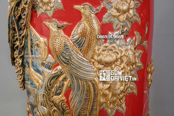 Lọ Lộc Bình Phú Quý Trường Xuân Màu Đỏ Vẽ Vàng 24K 1m4