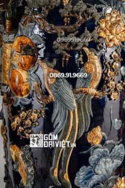 Lọ Lộc Bình Phúc Đức Đắp Nổi Men Xanh Đen 1m4