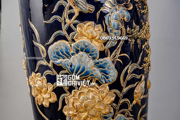 Lọ Lục Bình Mệnh Thủy Chim Công Vẽ Vàng 24K 3D Nổi 1m4