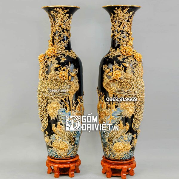 Lộc Bình Công Danh Phú Quý Xanh Đen Vẽ Vàng 24K 1m6