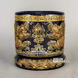 Bát hương vẽ vàng 24k màu nâu đắp rồng p20