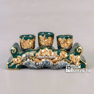 Kỷ Chén 3 Ly Đắp Sen Xanh Lục Vẽ Vàng 24K