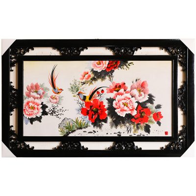 Tranh sứ Bát Tràng vẽ chim trĩ hoa phù dung 95x55cm