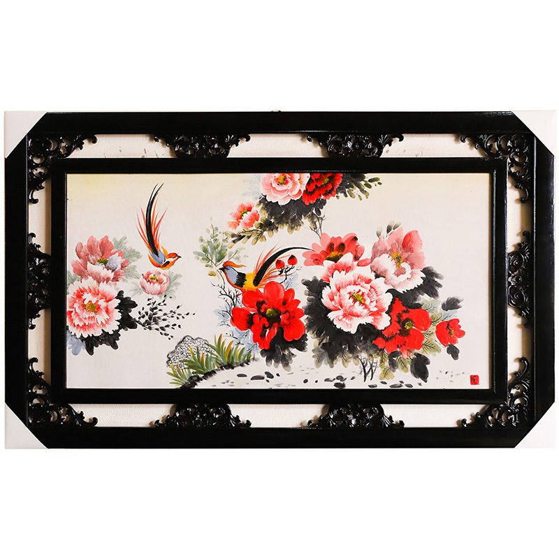 Tranh sứ Bát Tràng vẽ chim trĩ hoa phù dung 95x55cm