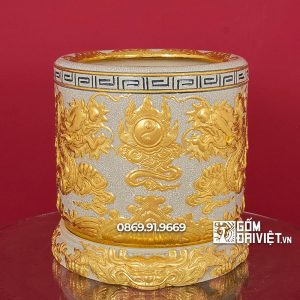 Bát hương Men Rạn Đắp Rồng 3D Dát Vàng 18K p40 cm