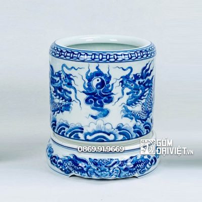 Bát hương men rong xanh đắp rồng nổi P20 - Gốm Đại Việt