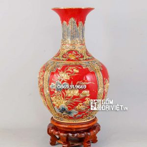 Bình tỏi loe tứ cảnh men đỏ đắp nổi vẽ vàng H80cm