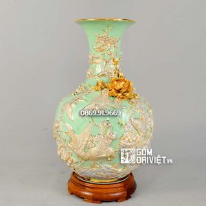 Bình tỏi tùng hạc diên niên trắng xanh cốm vẽ vàng H45cm