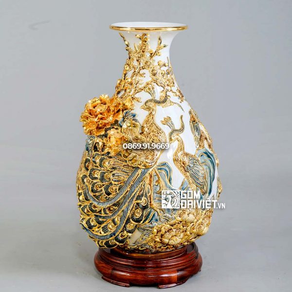 Bình tỳ bà chim công hoa đào men trắng đồ màu vẽ vàng H45cm