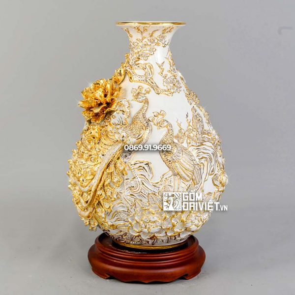 Bình tỳ bà chim công hoa đào men trắng vẽ vàng H40cm