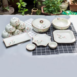 Bộ bát đĩa Bát Tràng men kem đào hồng mẫu 02
