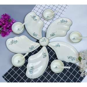 Bộ bát đĩa Bát Tràng men kem sen xanh lơ 6 cánh hoa cúc