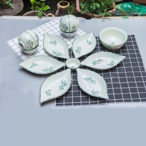 Bộ bát đĩa Bát Tràng men kem sen xanh lơ mẫu 03