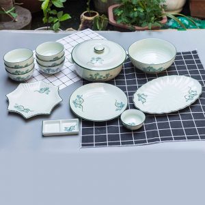 Bộ bát đĩa Bát Tràng men kem sen xanh lơ mẫu 04