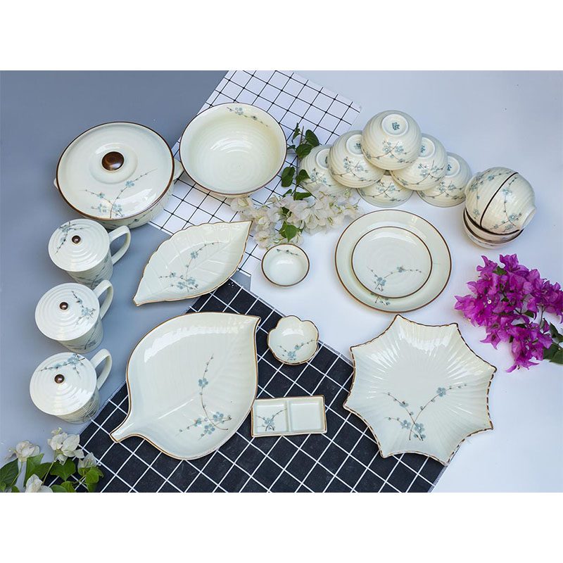 Bộ bát đĩa Bát Tràng men kem vẽ hoa Đào xanh mẫu 06