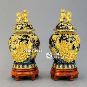 Chóe Xanh Coban 20L Dát Vàng Chim Công Đắp Nổi