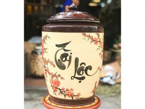Hũ sứ đựng gạo tài lộc Bát Tràng vẽ hoa đào 25 kg
