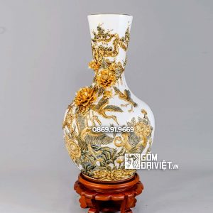 Bình tỏi công đào men vàng vẽ vàng H40cm