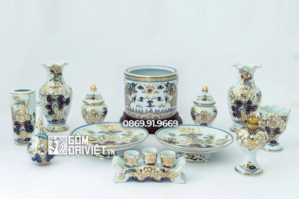 Bộ Đồ Thờ Chung Cư Men Lam Vẽ Vàng 24K