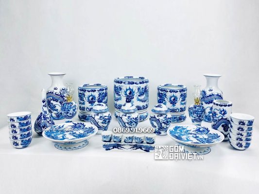 Bộ Đồ Thờ Men Lam Rồng Nổi Đầy Đủ 16 Món