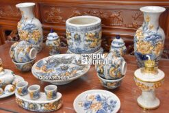 Bộ Đồ Thờ 1 Bát Hương Men Rạn Đắp Nổi