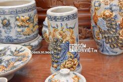 Bộ Đồ Thờ Bát Tràng Men Rạn Nổi Đắp Rồng Chim Công