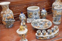 Bộ Đồ Thờ Bát Tràng Men Rạn Nổi Đắp Rồng Chim Công