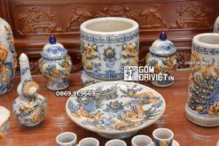 Bộ Đồ Thờ Bát Tràng Men Rạn Nổi Đắp Rồng Chim Công