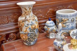 Bộ Đồ Thờ Bát Tràng Men Rạn Nổi Đắp Rồng Chim Công