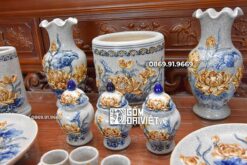 Bộ Đồ Thờ Cúng Phật Men Rạn Bát Tràng Họa Tiết Sen C2