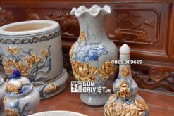 Bộ Đồ Thờ Cúng Phật Men Rạn Bát Tràng Họa Tiết Sen C2