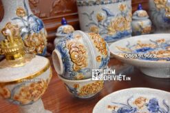 Bộ Đồ Thờ Gốm Men Rạn Cổ Khắc Hoa Sen Nổi Bát Tràng C3