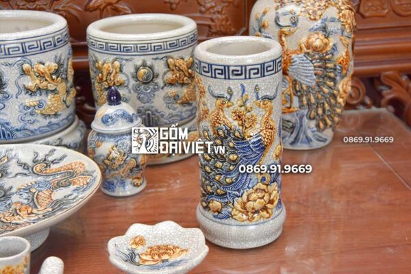 Bộ Đồ Thờ Gốm Sứ Đầy Đủ Men Rạn Công Đào Rồng