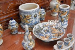 Bộ Đồ Thờ Sứ Men Rạn Cổ Đắp Nổi Rồng 1m07