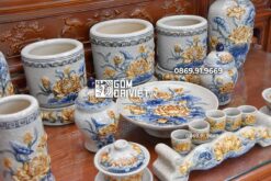 Set Đồ Thờ Men Rạn Bát Tràng Hoa Sen Nổi C5