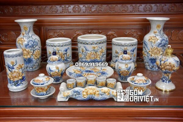 Set Đồ Thờ Men Rạn Bát Tràng Hoa Sen Nổi C5