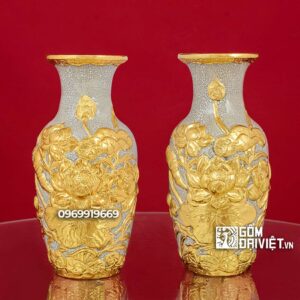 Lộc Bình Cắm Hoa Men Rạn Dát Vàng Đắp Nổi Hoa Sen 27cm