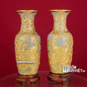 Lọ Lộc Bình Thờ Chim Công Dát Vàng 24K Men Rạn 50cm